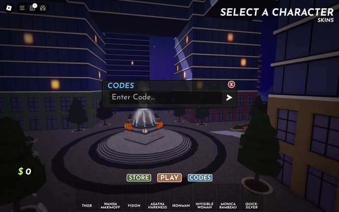 A screenshot of Marvel Omega in Roblox showing the game's codes screen.