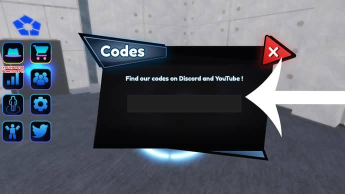 Arrow pointing at the menu used to redeem codes in the Roblox game Meta Lock.