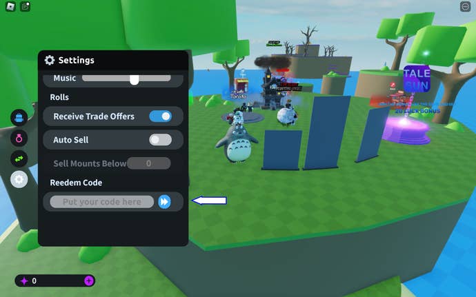 A screenshot from Mount RNG in Roblox showing the game's codes field.