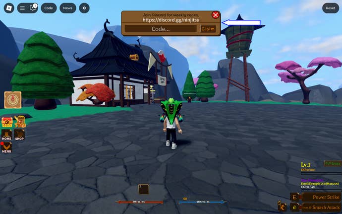 A screenshot of Ninjitsu: Master of Elements in Roblox showing the game's codes page.