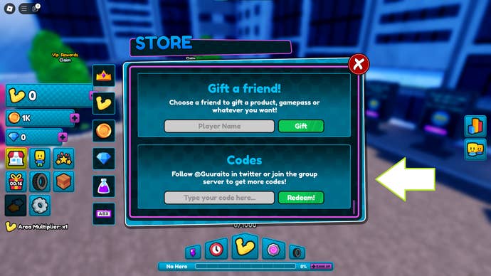 A screenshot of One Punch Fighters X in Roblox showing the game's codes field.