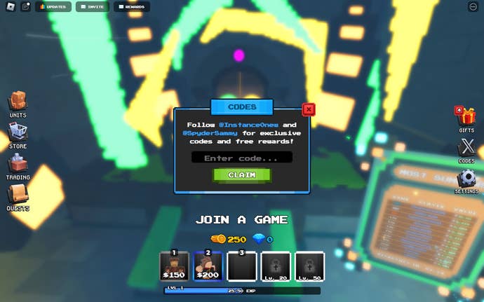 A screenshot from Pixel Tower Defense in Roblox showing the game's codes screen.