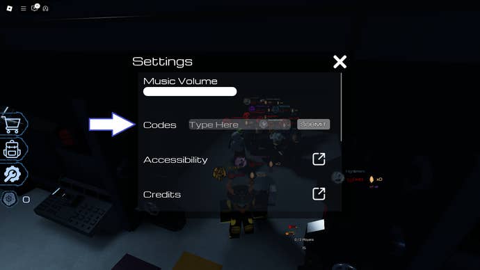 Arrow pointing at the codes menu in the Roblox game Pressure.