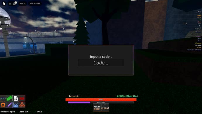 A screenshot from Unusual in Roblox showing the game's codes page.