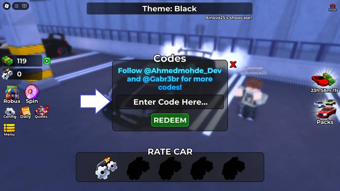 A screenshot of Rate My Car in Roblox showing the game's codes page.