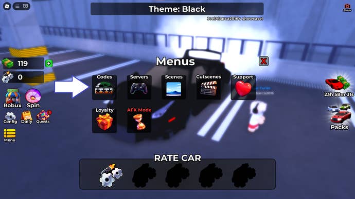 A screenshot of Rate My Car in Roblox showing the game's codes button.