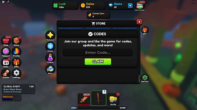 A screenshot of RNG Odyssey in Roblox showing the game's codes page.