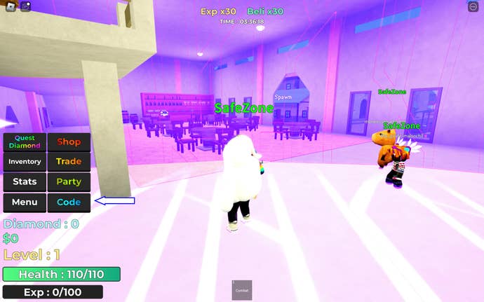 A screenshot from Rock Fruit in Roblox showing the game's Codes button.