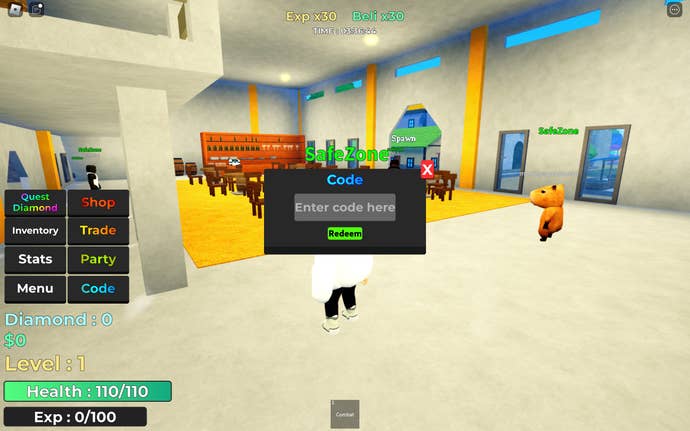 A screenshot from Rock Fruit in Roblox showing the game's Codes page.