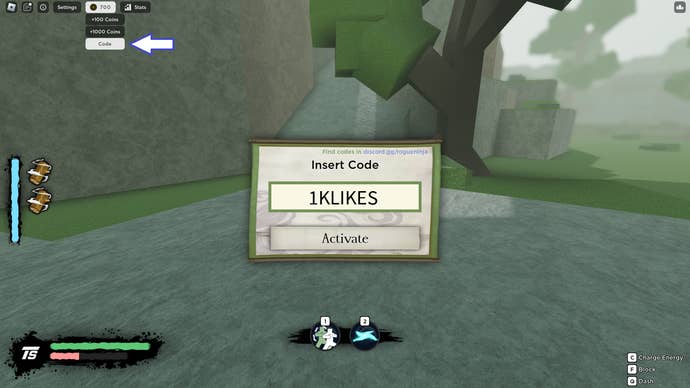 A screenshot from Rogue Ninja in Roblox showing the game's codes menu.