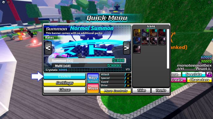 A screenshot from Shonen Smash in Roblox showing the game's codes field.