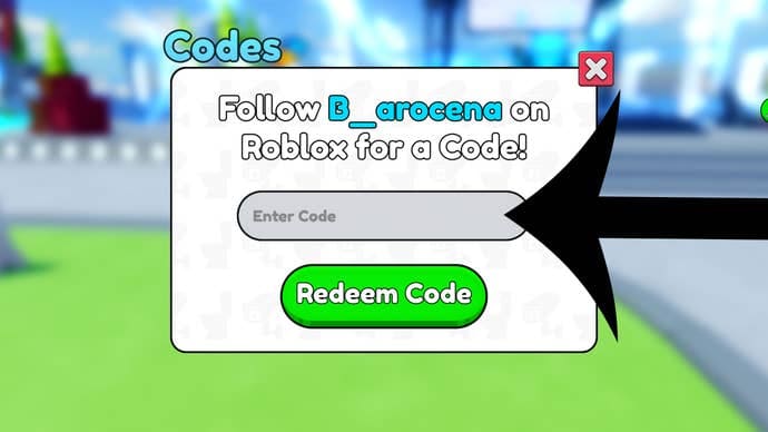 Arrow pointing at the codes menu in the Roblox game Skibidi Tower Defense.