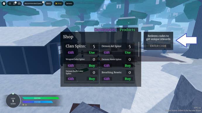 A screenshot of Slayer Online in Roblox showing the game's codes field.