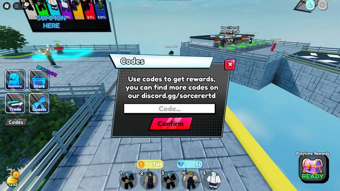 The codes menu in the Roblox game Sorcerer Tower Defense.