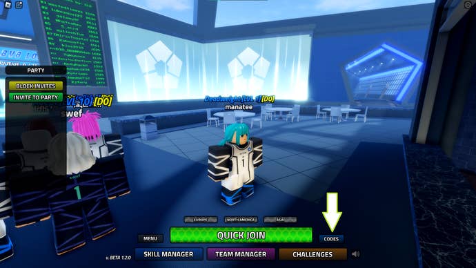 A screenshot of Vision in Roblox showing the game's codes button.