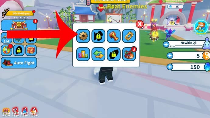 Arrow pointing at the settings button in the Roblox game Weapon Fighting Simulator.