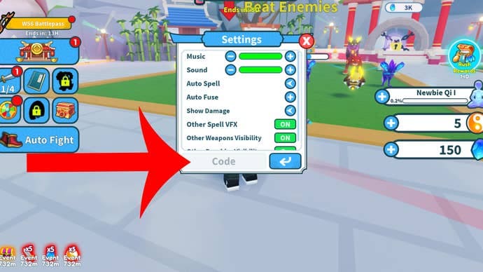 Arrow pointing at the codes menu in the Roblox game Weapon Fighting Simulator.