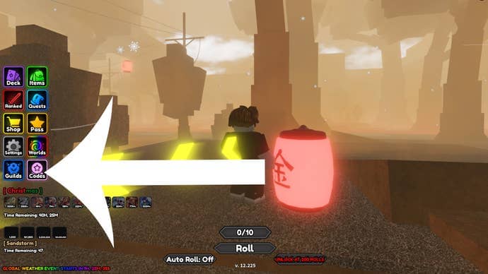 Arrow pointing at the codes button in the Roblox game Anime Card Battle.