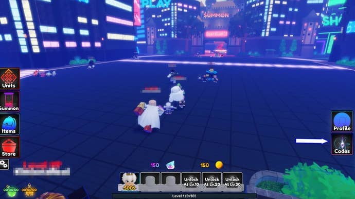 A screenshot from Anime Guardians in Roblox showing the game's codes button.