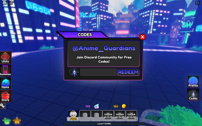 A screenshot from Anime Guardians in Roblox showing the game's codes page.