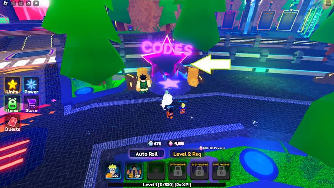 A screenshot of Anime Power Defense in Roblox showing the game's codes area.