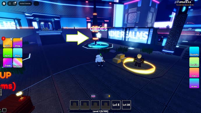 A screenshot of Anime Realms in Roblox showing the game's codes circle.