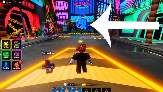 An arrow pointing at a statue located in the starting area for the Roblox game Anime Royale.