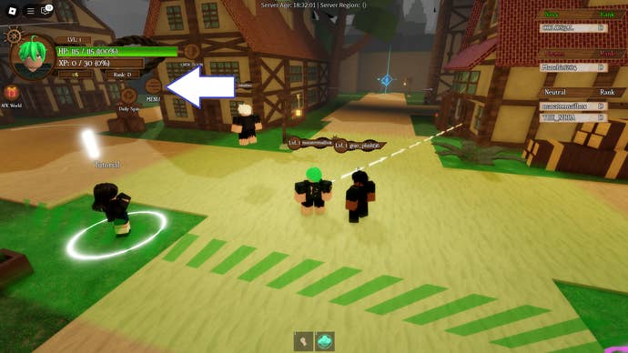 A screenshot of Arcane Seas in Roblox showing the game's menu button.