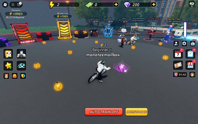 A screenshot of Bike League in Roblox showing the game's settings button.