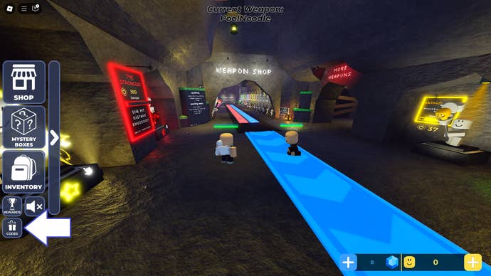 A screenshot of Blades and Buffoonery in Roblox showing the game's Codes button.