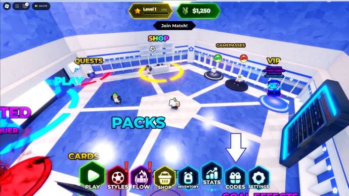 A screenshot of Blue Lock Rivals in Roblox showing the game's codes button.