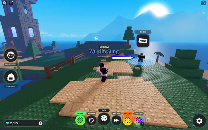 A screenshot from Character RNG in Roblox showing the game's codes area.