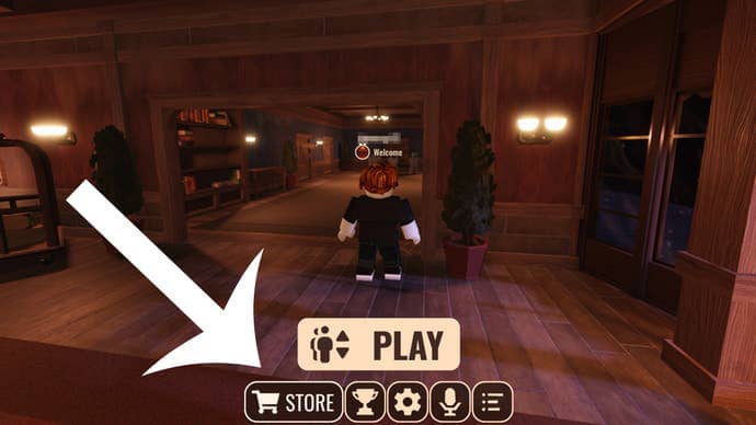 Arrow pointing at the Store button in the Roblox game DOORS.