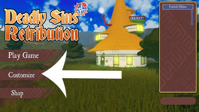 Arrow pointing at the Customize option in Roblox game Deadly Sins Retribution.