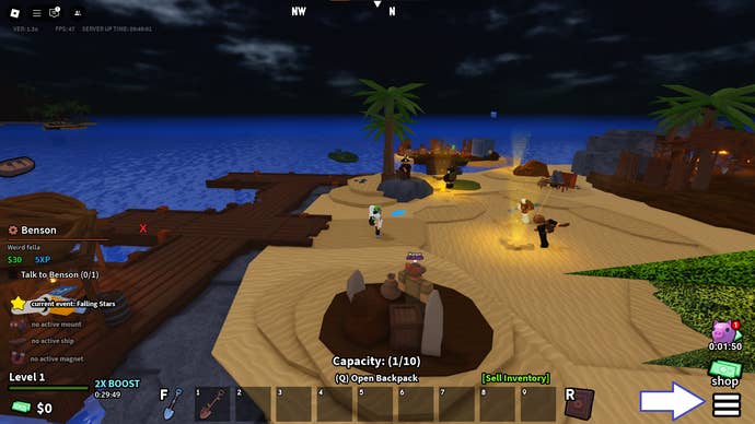 A screenshot of Dig It in Roblox showing the game's menu button.