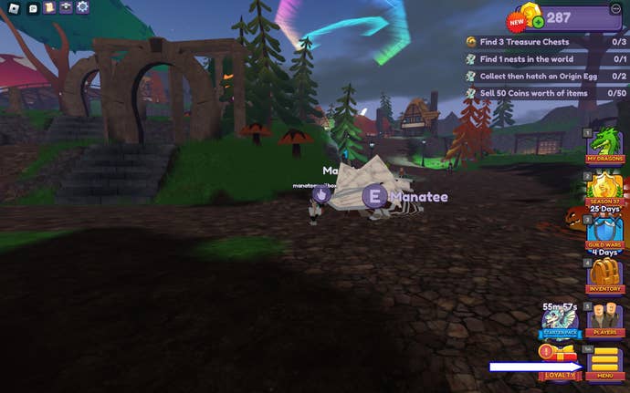 A screenshot from Dragon Adventures in Roblox showing the game's Menu button.