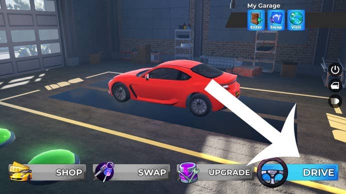 Arrow pointing at the 'Drive' button in the Roblox game Drive World.