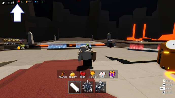 A screenshot of Duel Warriors in Roblox showing the game's menu button.