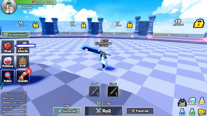 A screenshot from Dungeon RNG in Roblox showing the game's shop button.