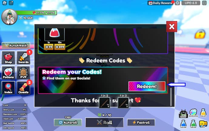 A screenshot from Dungeon RNG in Roblox showing the game's redeem button.