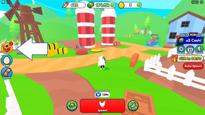 A screenshot from Egg Empire in Roblox showing the game's shop button.