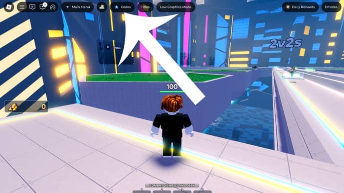 Arrow pointing at the codes button in the Roblox game Elemental Duels.