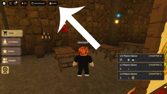 Arrow pointing at the codes button in the Roblox game Exiled.