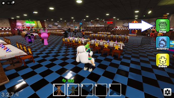 A screenshot of Fazbear World Tower Defense in Roblox showing the game's Shop button.