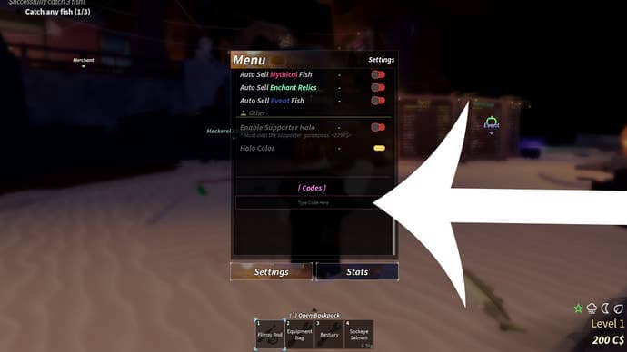 Arrow pointing at the codes menu in the Roblox game Fisch.