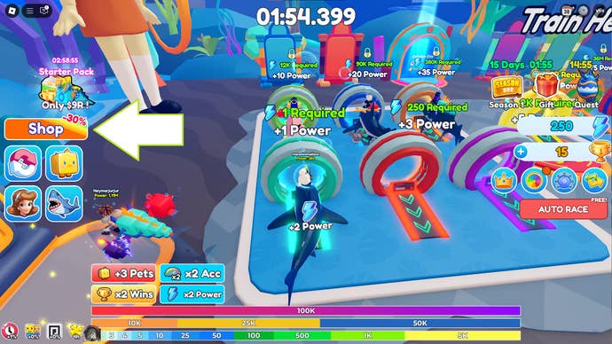 A screenshot of Fish Training in Roblox showing the game's shop button.