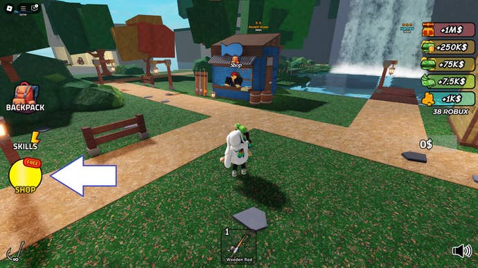 A screenshot of Go Fishing in Roblox showing the game's Shop button.