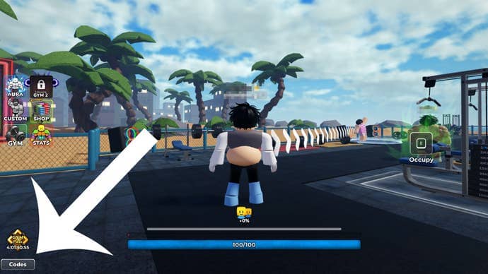 Arrow pointing at the button for the codes menu in the Roblox game Gym League.