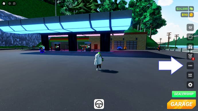 A screenshot of Highway Hooligans in Roblox showing the game's codes button.