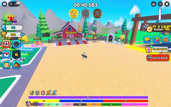 A screenshot of Horse Race in Roblox showing the game's settings button.